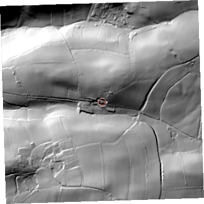 Shaded relief map of the ground around PL124RX, computed from Environment Agency LiDAR. The ground here sits at about 60 m above sea level and falls 79 m across the surrounding 800 m. Surface water reaching this point runs off ground lying to the north-north-east, 25.2 m higher.