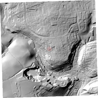 Shaded relief map of the ground around PL124UL, computed from Environment Agency LiDAR. The ground here sits at about 48 m above sea level and falls 75 m across the surrounding 800 m. Surface water reaching this point runs off ground lying to the north-north-east, 9.2 m higher.