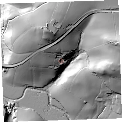 Shaded relief map of the ground around PL125AB, computed from Environment Agency LiDAR. The ground here sits at about 30 m above sea level and falls 80 m across the surrounding 800 m. Surface water reaching this point runs off ground lying to the north-north-west, 26.3 m higher.