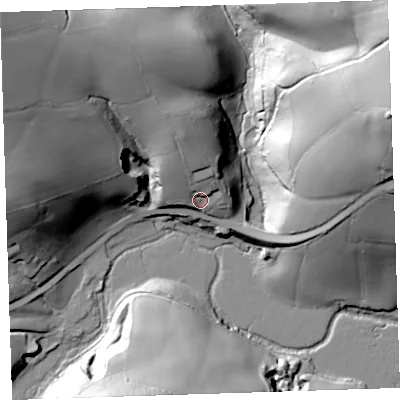 Shaded relief map of the ground around PL125AD, computed from Environment Agency LiDAR. The ground here sits at about 15 m above sea level and falls 66 m across the surrounding 800 m. Surface water reaching this point runs off ground lying to the north-north-west, 16.8 m higher.