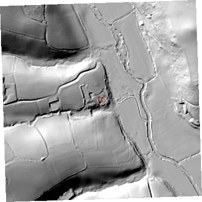 Shaded relief map of the ground around PL125AJ, computed from Environment Agency LiDAR. The ground here sits at about 19 m above sea level and falls 69 m across the surrounding 800 m. Surface water reaching this point runs off ground lying to the west-north-west, 6.2 m higher.