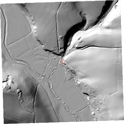 Shaded relief map of the ground around PL125AN, computed from Environment Agency LiDAR. The ground here sits at about 15 m above sea level and falls 67 m across the surrounding 800 m. Surface water reaching this point runs off ground lying to the north-east, 51.3 m higher.