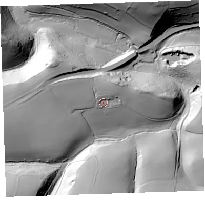 Shaded relief map of the ground around PL125BG, computed from Environment Agency LiDAR. The ground here sits at about 35 m above sea level and falls 56 m across the surrounding 800 m. Surface water reaching this point runs off ground lying to the north-west, 7.5 m higher.
