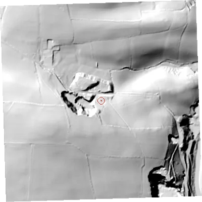 Shaded relief map of the ground around PL125ES, computed from Environment Agency LiDAR. The ground here sits at about 60 m above sea level and falls 106 m across the surrounding 800 m. Surface water reaching this point runs off ground lying to the south-west, 41.7 m higher.