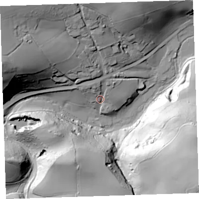 Shaded relief map of the ground around PL125HH, computed from Environment Agency LiDAR. The ground here sits at about 12 m above sea level and falls 80 m across the surrounding 800 m. Surface water reaching this point runs off ground lying to the north-north-west, 11.4 m higher.