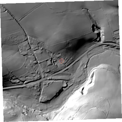 Shaded relief map of the ground around PL125HN, computed from Environment Agency LiDAR. The ground here sits at about 15 m above sea level and falls 67 m across the surrounding 800 m. Surface water reaching this point runs off ground lying to the north-west, 45.4 m higher.