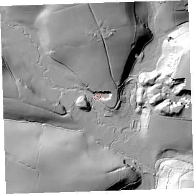 Shaded relief map of the ground around PL125JE, computed from Environment Agency LiDAR. The ground here sits at about 29 m above sea level and falls 56 m across the surrounding 800 m. Surface water reaching this point runs off ground lying to the north, 39.1 m higher.