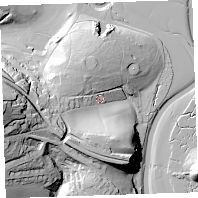 Shaded relief map of the ground around PL125LH, computed from Environment Agency LiDAR. The ground here sits at about 15 m above sea level and falls 67 m across the surrounding 800 m. Surface water reaching this point runs off ground lying to the west-south-west, 24.6 m higher.