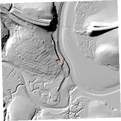 Shaded relief map of the ground around PL125NA, computed from Environment Agency LiDAR. The ground here sits at about 6 m above sea level and falls 40 m across the surrounding 800 m. Surface water reaching this point runs off ground lying to the west-north-west, 13.4 m higher.