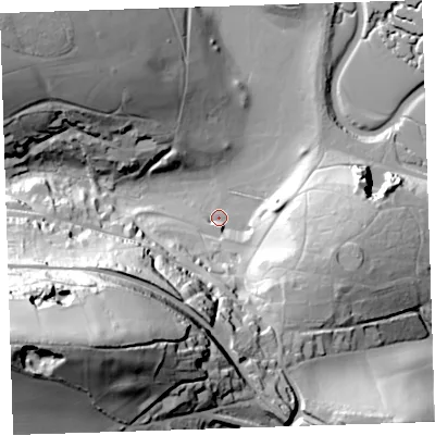 Shaded relief map of the ground around PL125ND, computed from Environment Agency LiDAR. The ground here sits at about 4 m above sea level and falls 87 m across the surrounding 800 m. Surface water reaching this point runs off ground lying to the south, 39.7 m higher.