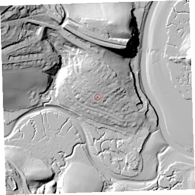 Shaded relief map of the ground around PL125NL, computed from Environment Agency LiDAR. The ground here sits at about 18 m above sea level and falls 61 m across the surrounding 800 m. Surface water reaching this point runs off ground lying to the north, 11.8 m higher.