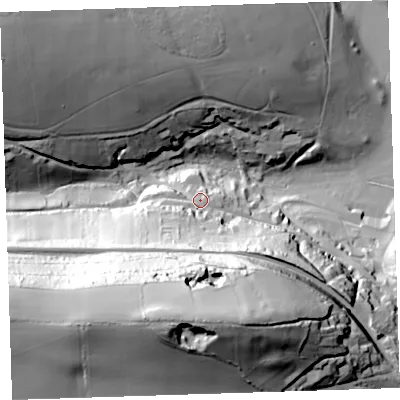 Shaded relief map of the ground around PL125NR, computed from Environment Agency LiDAR. The ground here sits at about 19 m above sea level and falls 85 m across the surrounding 800 m. Surface water reaching this point runs off ground lying to the south-south-west, 26.9 m higher.