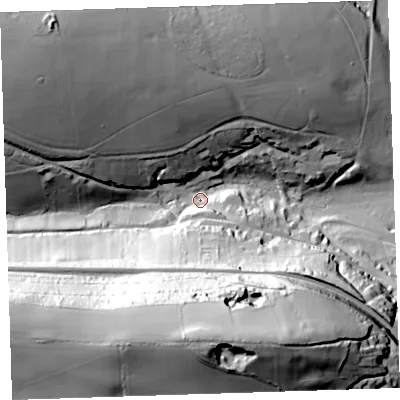 Shaded relief map of the ground around PL125NS, computed from Environment Agency LiDAR. The ground here sits at about 11 m above sea level and falls 85 m across the surrounding 800 m. Surface water reaching this point runs off ground lying to the north-west, 48.4 m higher.