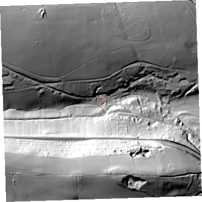 Shaded relief map of the ground around PL125NZ, computed from Environment Agency LiDAR. The ground here sits at about 12 m above sea level and falls 84 m across the surrounding 800 m. Surface water reaching this point runs off ground lying to the north-west, 46.7 m higher.