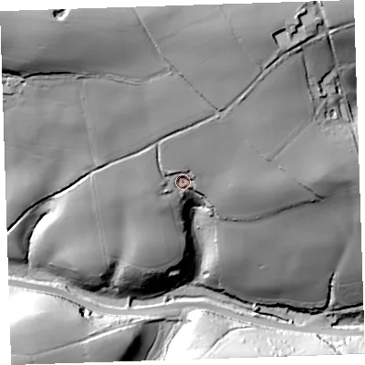 Shaded relief map of the ground around PL125PE, computed from Environment Agency LiDAR. The ground here sits at about 51 m above sea level and falls 95 m across the surrounding 800 m. Surface water reaching this point runs off ground lying to the north-north-east, 18.9 m higher.