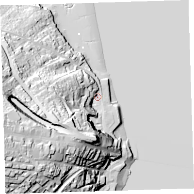 Shaded relief map of the ground around PL126BJ, computed from Environment Agency LiDAR. The ground here sits at about 4 m above sea level and falls 60 m across the surrounding 800 m. Surface water reaching this point runs off ground lying to the west-south-west, 54.7 m higher.