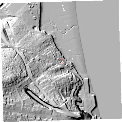 Shaded relief map of the ground around PL126DH, computed from Environment Agency LiDAR. The ground here sits at about 8 m above sea level and falls 68 m across the surrounding 800 m. Surface water reaching this point runs off ground lying to the south-west, 54.6 m higher.