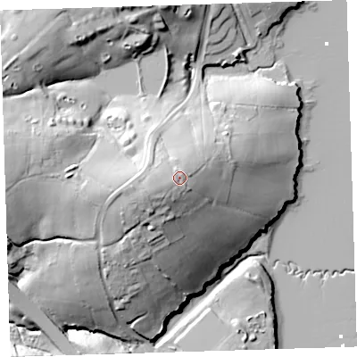 Shaded relief map of the ground around PL126LJ, computed from Environment Agency LiDAR. The ground here sits at about 30 m above sea level and falls 36 m across the surrounding 800 m. Surface water reaching this point runs off ground lying to the west-south-west, 4.5 m higher.