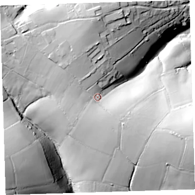 Shaded relief map of the ground around PL126NG, computed from Environment Agency LiDAR. The ground here sits at about 38 m above sea level and falls 56 m across the surrounding 800 m. Surface water reaching this point runs off ground lying to the north-north-west, 9.4 m higher.