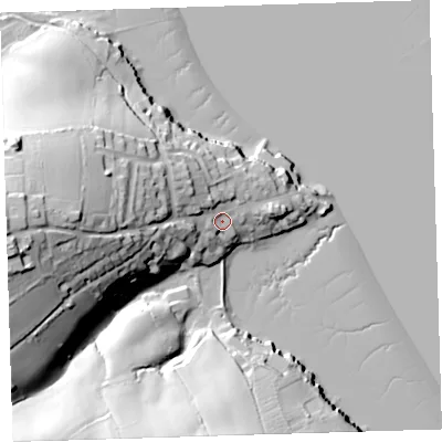 Shaded relief map of the ground around PL126PA, computed from Environment Agency LiDAR. The ground here sits at about 9 m above sea level and falls 47 m across the surrounding 800 m. Surface water reaching this point runs off ground lying to the west, 37.0 m higher.