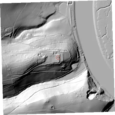 Shaded relief map of the ground around PL126QD, computed from Environment Agency LiDAR. The ground here sits at about 51 m above sea level and falls 90 m across the surrounding 800 m. Surface water reaching this point runs off ground lying to the west, 9.3 m higher.