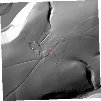 Shaded relief map of the ground around PL126QG, computed from Environment Agency LiDAR. The ground here sits at about 57 m above sea level and falls 79 m across the surrounding 800 m. Surface water reaching this point runs off ground lying to the west, 22.5 m higher.