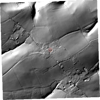 Shaded relief map of the ground around PL126QQ, computed from Environment Agency LiDAR. The ground here sits at about 53 m above sea level and falls 34 m across the surrounding 800 m. Surface water reaching this point runs off ground lying to the east-south-east, 2.2 m higher.