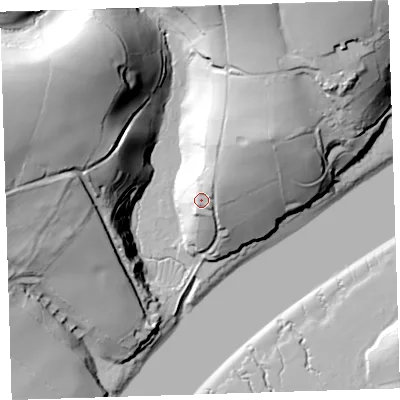 Shaded relief map of the ground around PL126SL, computed from Environment Agency LiDAR. The ground here sits at about 21 m above sea level and falls 63 m across the surrounding 800 m. Surface water reaching this point runs off ground lying to the east-north-east, 4.0 m higher.