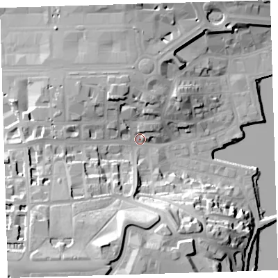 Shaded relief map of the ground around PL12AG, computed from Environment Agency LiDAR. The ground here sits at about 6 m above sea level and falls 38 m across the surrounding 800 m. Surface water reaching this point runs off ground lying to the south-south-west, 31.3 m higher.