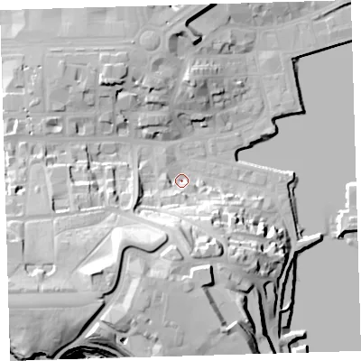 Shaded relief map of the ground around PL12BG, computed from Environment Agency LiDAR. The ground here sits at about 4 m above sea level and falls 38 m across the surrounding 800 m. Surface water reaching this point runs off ground lying to the south, 25.0 m higher.
