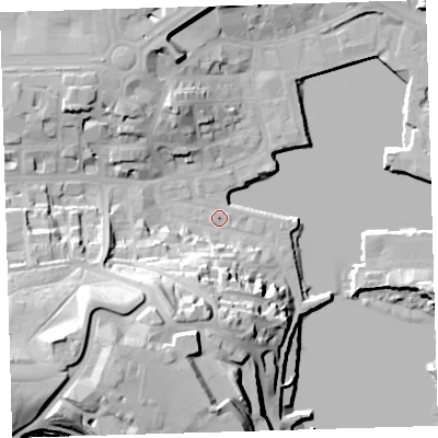 Shaded relief map of the ground around PL12BW, computed from Environment Agency LiDAR. The ground here sits at about 3 m above sea level and falls 38 m across the surrounding 800 m. Surface water reaching this point runs off ground lying to the south-west, 34.0 m higher.
