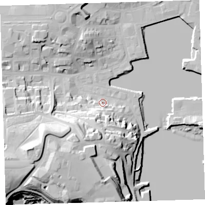 Shaded relief map of the ground around PL12BZ, computed from Environment Agency LiDAR. The ground here sits at about 5 m above sea level and falls 38 m across the surrounding 800 m. Surface water reaching this point runs off ground lying to the south-south-west, 17.0 m higher.