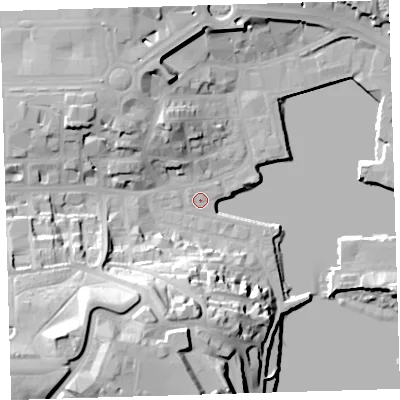 Shaded relief map of the ground around PL12JL, computed from Environment Agency LiDAR. The ground here sits at about 3 m above sea level and falls 38 m across the surrounding 800 m. Surface water reaching this point runs off ground lying to the south-west, 34.0 m higher.