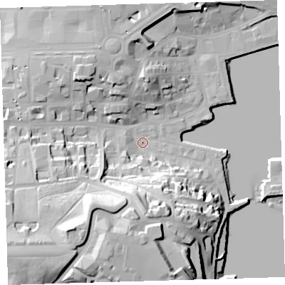 Shaded relief map of the ground around PL12JN, computed from Environment Agency LiDAR. The ground here sits at about 3 m above sea level and falls 38 m across the surrounding 800 m. Surface water reaching this point runs off ground lying to the south, 25.1 m higher.
