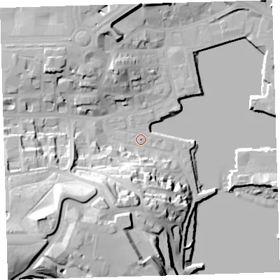 Shaded relief map of the ground around PL12JW, computed from Environment Agency LiDAR. The ground here sits at about 3 m above sea level and falls 38 m across the surrounding 800 m. Surface water reaching this point runs off ground lying to the south-west, 34.0 m higher.