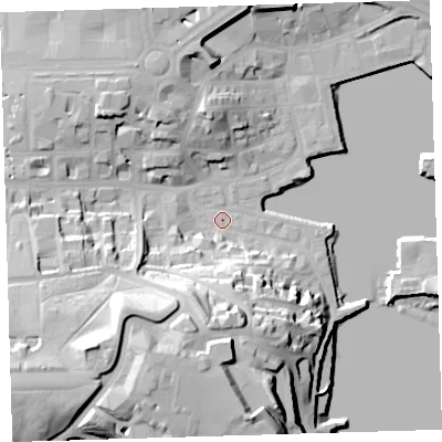 Shaded relief map of the ground around PL12JY, computed from Environment Agency LiDAR. The ground here sits at about 3 m above sea level and falls 38 m across the surrounding 800 m. Surface water reaching this point runs off ground lying to the south-west, 33.6 m higher.