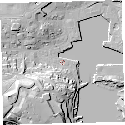 Shaded relief map of the ground around PL12JZ, computed from Environment Agency LiDAR. The ground here sits at about 3 m above sea level and falls 38 m across the surrounding 800 m. Surface water reaching this point runs off ground lying to the south-south-west, 19.2 m higher.