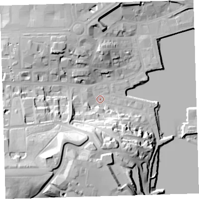 Shaded relief map of the ground around PL12LA, computed from Environment Agency LiDAR. The ground here sits at about 3 m above sea level and falls 38 m across the surrounding 800 m. Surface water reaching this point runs off ground lying to the south, 25.1 m higher.