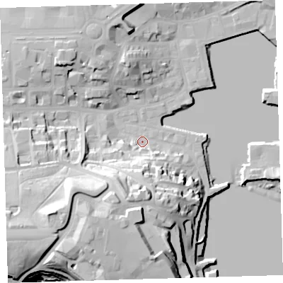 Shaded relief map of the ground around PL12LB, computed from Environment Agency LiDAR. The ground here sits at about 4 m above sea level and falls 38 m across the surrounding 800 m. Surface water reaching this point runs off ground lying to the south, 16.9 m higher.