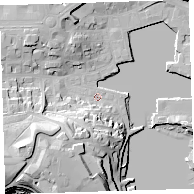 Shaded relief map of the ground around PL12LD, computed from Environment Agency LiDAR. The ground here sits at about 3 m above sea level and falls 38 m across the surrounding 800 m. Surface water reaching this point runs off ground lying to the south-south-west, 19.2 m higher.