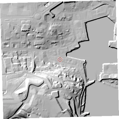 Shaded relief map of the ground around PL12LL, computed from Environment Agency LiDAR. The ground here sits at about 3 m above sea level and falls 38 m across the surrounding 800 m. Surface water reaching this point runs off ground lying to the south-west, 33.7 m higher.