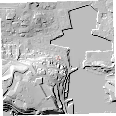 Shaded relief map of the ground around PL12LP, computed from Environment Agency LiDAR. The ground here sits at about 5 m above sea level and falls 38 m across the surrounding 800 m. Surface water reaching this point runs off ground lying to the south-west, 14.4 m higher.