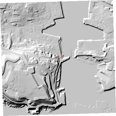 Shaded relief map of the ground around PL12LR, computed from Environment Agency LiDAR. The ground here sits at about 7 m above sea level and falls 36 m across the surrounding 800 m. Surface water reaching this point runs off ground lying to the west-south-west, 22.2 m higher.
