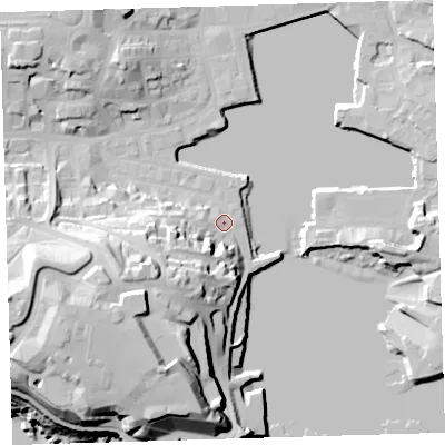 Shaded relief map of the ground around PL12LS, computed from Environment Agency LiDAR. The ground here sits at about 4 m above sea level and falls 38 m across the surrounding 800 m. Surface water reaching this point runs off ground lying to the south-west, 21.9 m higher.