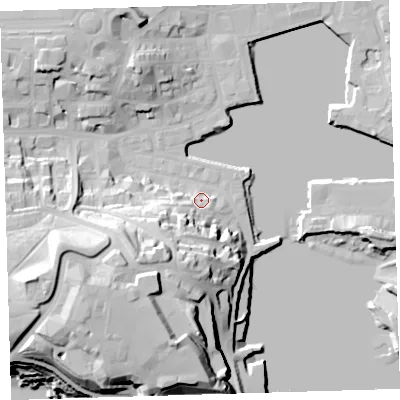 Shaded relief map of the ground around PL12LW, computed from Environment Agency LiDAR. The ground here sits at about 5 m above sea level and falls 38 m across the surrounding 800 m. Surface water reaching this point runs off ground lying to the south-west, 13.6 m higher.