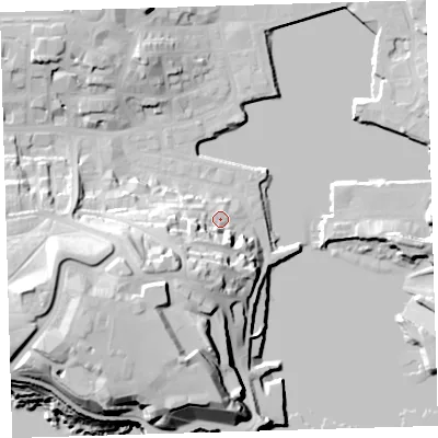 Shaded relief map of the ground around PL12NA, computed from Environment Agency LiDAR. The ground here sits at about 7 m above sea level and falls 38 m across the surrounding 800 m. Surface water reaching this point runs off ground lying to the south-west, 12.1 m higher.