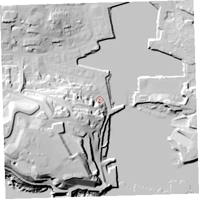 Shaded relief map of the ground around PL12NB, computed from Environment Agency LiDAR. The ground here sits at about 5 m above sea level and falls 37 m across the surrounding 800 m. Surface water reaching this point runs off ground lying to the west-south-west, 22.0 m higher.