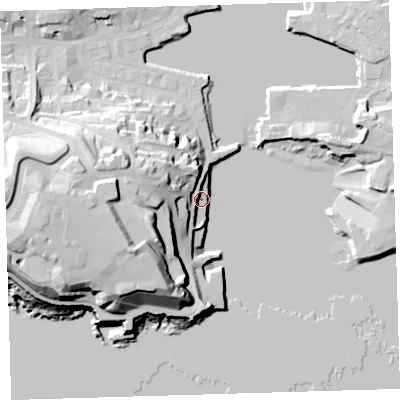 Shaded relief map of the ground around PL12NX, computed from Environment Agency LiDAR. The ground here sits at about 4 m above sea level and falls 36 m across the surrounding 800 m. Surface water reaching this point runs off ground lying to the west, 35.5 m higher.