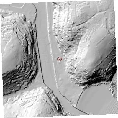 Shaded relief map of the ground around PL131AA, computed from Environment Agency LiDAR. The ground here sits at about 3 m above sea level and falls 94 m across the surrounding 800 m. Surface water reaching this point runs off ground lying to the east-north-east, 88.3 m higher.