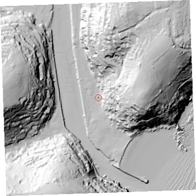 Shaded relief map of the ground around PL131AD, computed from Environment Agency LiDAR. The ground here sits at about 3 m above sea level and falls 95 m across the surrounding 800 m. Surface water reaching this point runs off ground lying to the north-east, 88.3 m higher.